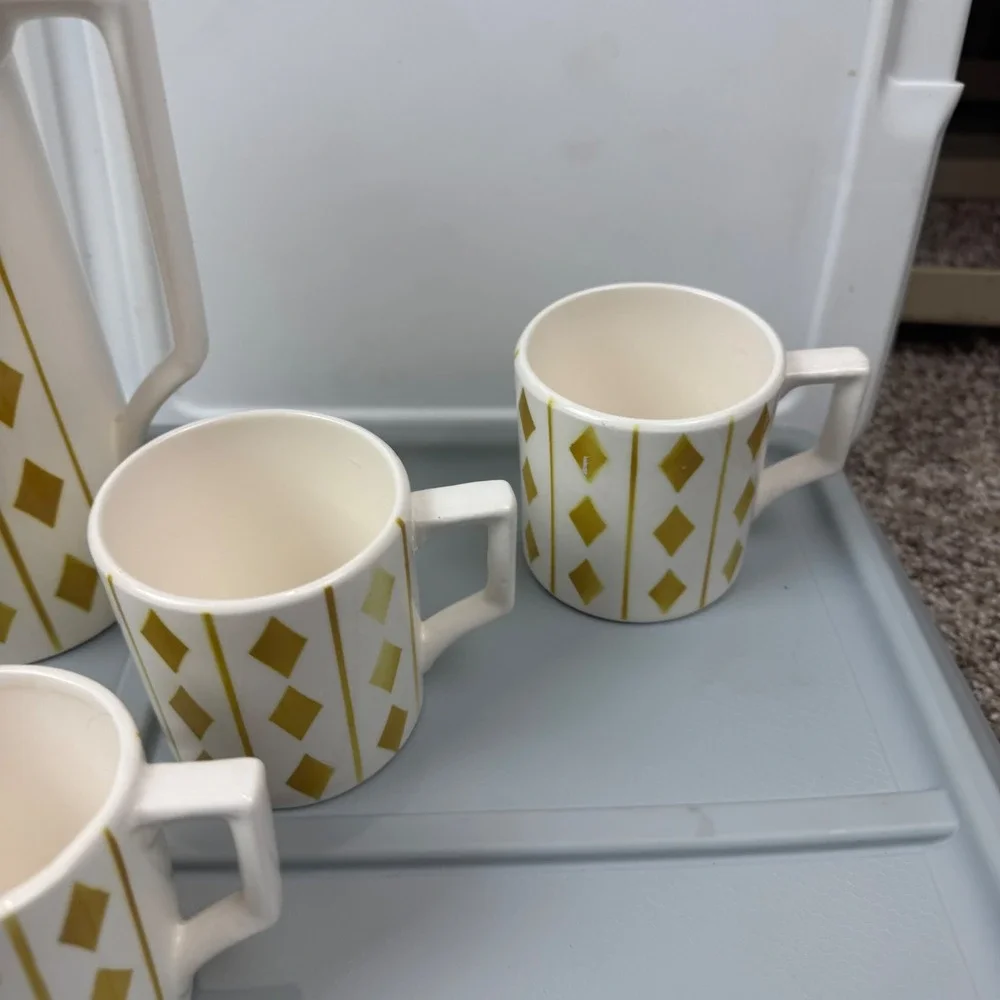 VTG Royal Sealy Harlequin Diamond Coffee Tea Set White Mustard MCM Ceramic 9pc